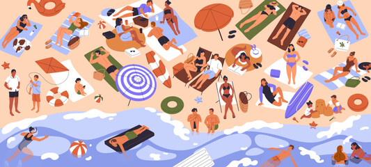 Tiny people rest on beach top view. Summer vacation on coast panorama. Crowd sunbathing on seashore, swimming in sea, lying on inflatable mattress. Kids building sand castle. Flat vector illustration