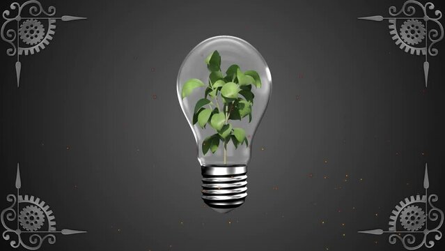 Animation of plant sampling inside a electric bulb against design pattern on grey background
