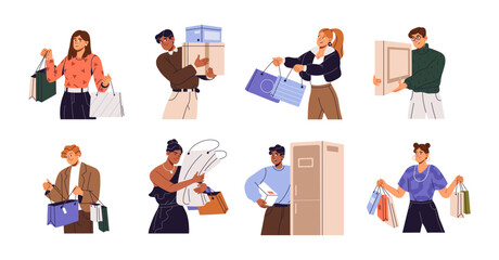 People hold lots of shopping bags set. Shopaholic with goods packages. Customers buy new household appliances in boxes. Consumers carry purchases. Flat isolated vector illustration on white background