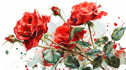 Red roses with buds and petals watercolor