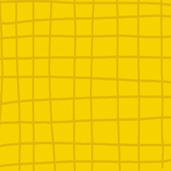 Hand drawn yellow plaid pattern. Check, square doodle background. Line art freehand grid. Crossing white stripes brush stroke. Notebook Texture. Abstract Psychedelic print with Wavy Doodle Stripes