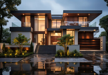 Fototapeta premium Home, property and real estate for investing, retirement and family in remote location. House, modern and architecture for sale, property and building with trees, mortgage and development for holiday