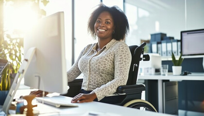 Portrait of a happy young African American woman in a wheelchair working with a computer and smiling at the camera. Digitalization and inclusion at work. - obrazy, fototapety, plakaty