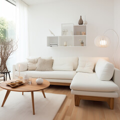 White sofa and wooden coffee table in Scandinavian style modern living room interior