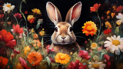 Bunny bliss: adorable rabbit frolicking in a colorful flower garden, nature delight
