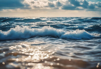 Fototapeta premium Waves in ocean splashing waves. blue clean wavy sea water.