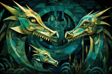 Ancient dragons with scales of emerald and gold - Generative AI - obrazy, fototapety, plakaty