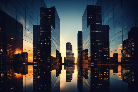 City buildings with many glass windows in sunset. Abstract business background with city  arhitecture.