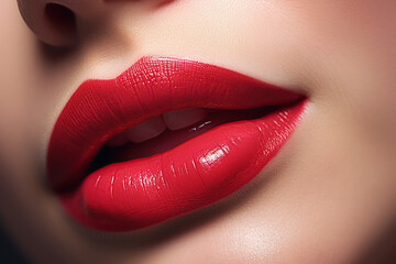 Obraz premium close up horizontal image of a female lips with red lipstick AI generated
