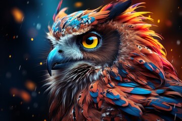 Image of colorful owl on dark background. Wildlife Animals. Bird. Illustration. Illustration of an owl with striking yellow eyes. a captivating 3D rendering of an abstract owl portrait with a colorful
