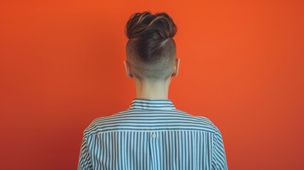 Rear view of a man with a modern hairstyle, wearing a blue and white striped shirt. Demonstration of the work of a men's hairdresser and barber.