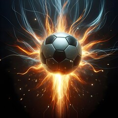 Soccer ball moving on black background with fire flames energy streaks behind it, sports success and power concept