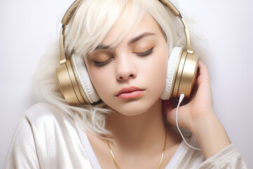 Beautiful Angelic Girl in White, wearing White Luxury Headphones, Enjoying Music in a Dreamy High-Key Studio Composition
