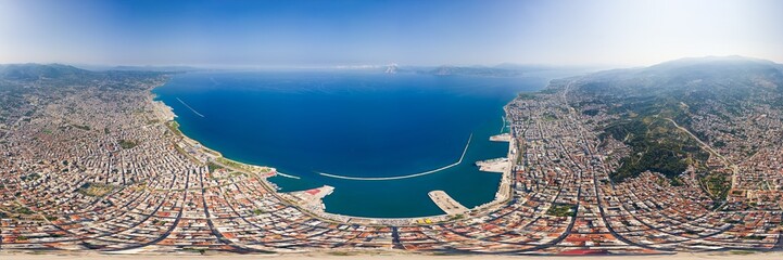 Patras, Greece. Patras is the third largest city in Greece. Located at the northwestern tip of the Peloponnese. Summer day. Panorama 360. Aerial view - obrazy, fototapety, plakaty