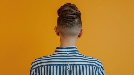 Rear view of a man with a modern hairstyle, wearing a blue and white striped shirt. Demonstration of the work of a men's hairdresser and barber.