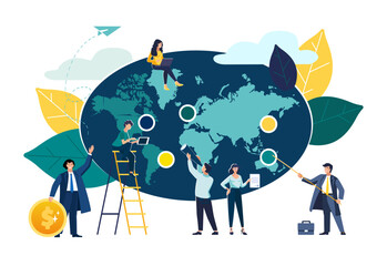 Vector flat illustration. Eco plan. Business team little men plan finances to prepare for earth day, save the planet, save green energy, earth day. Green planet concept, charity, business infographics