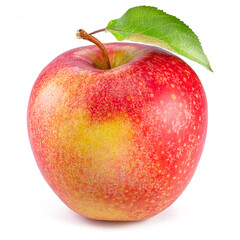 Ripe red apple with green leaf isolated on white background.