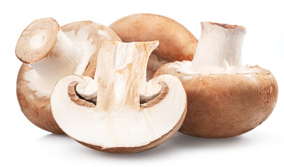 Ripe royal champignon mushrooms with slices of champignons  on a white background.