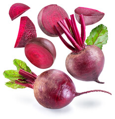 Beetroot and slices of beetroot or taproot levitating in air. File contains clipping paths. - obrazy, fototapety, plakaty