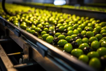 Tuinposter Olive oil production factory, black and green olives on conveyor belt. Agricultural cooperative making olive oil © okfoto