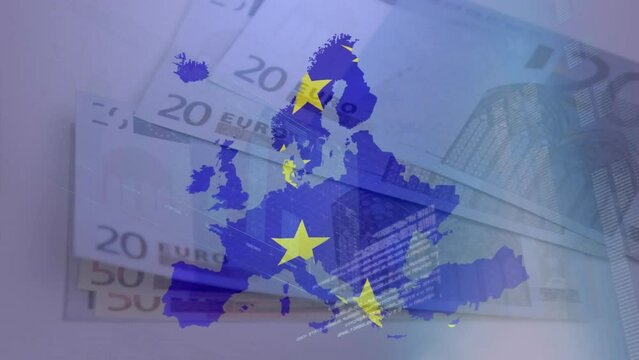 Animation of waving eu flag over eu map against close up of euro bills