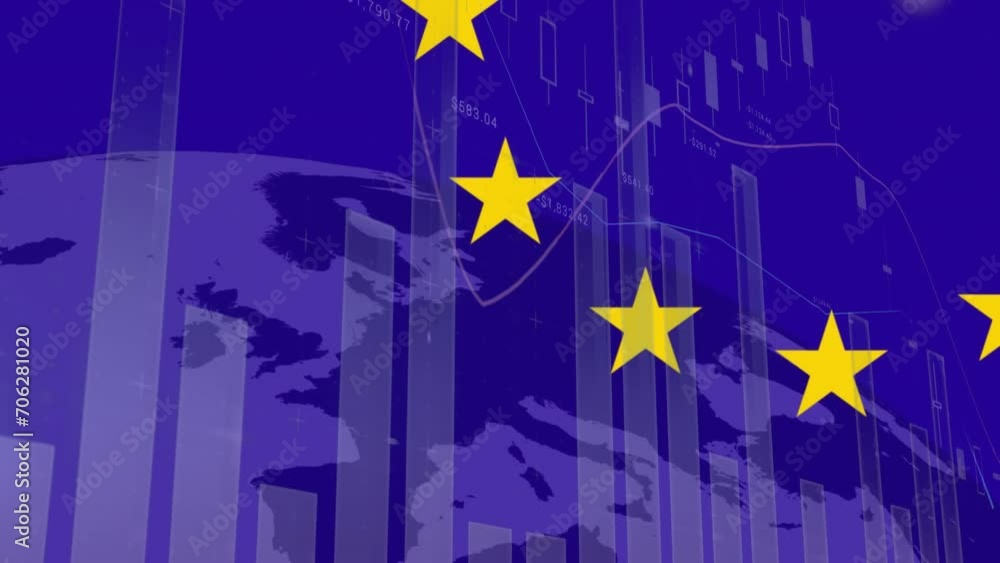 Poster animation of spinning stars on eu flag and statistical data processing over globe on blue background