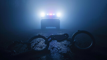 Silhouette of handcuffs and police car