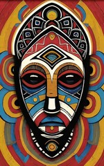 Abstract contemporary art decoration in Ethnic African style with a tribal mask.