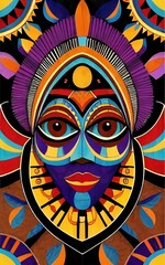 Abstract contemporary art decoration in Ethnic African style with a tribal mask.