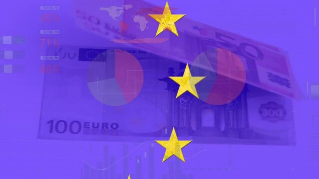 Animation of spinning stars on eu flag, statistical data processing against close up of euro bills