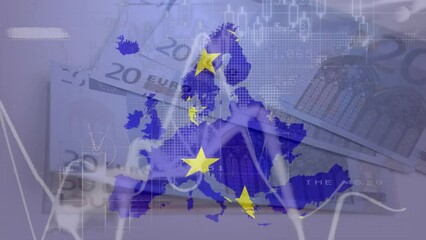 Animation of data processing and waving eu flag over eu map against close up of euro bills - Powered by Adobe