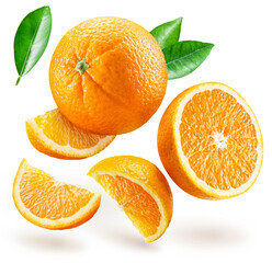 Ripe orange fruits and orange slices levitating in air on white background. File contains clipping...