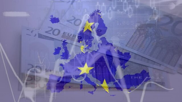 Animation of data processing and waving eu flag over eu map against close up of euro bills