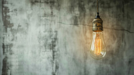 A vintage light bulb hanging from a ceiling, glowing warmly against a cool, grey background with copy space