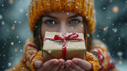 Young woman person hands hold a small cardboard paper gift box outside during winter time with snow