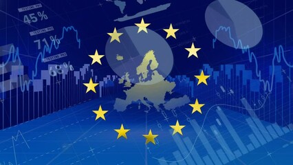 Animation of spinning stars over eu map against statistical data processing on blue background - Powered by Adobe