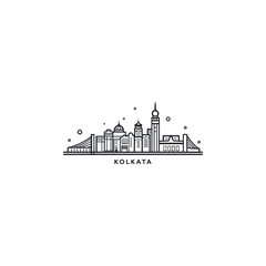 Kolkata cityscape skyline city panorama vector flat modern logo icon. India, West Bengal state emblem idea with landmarks and building silhouettes. Isolated thin line graphic