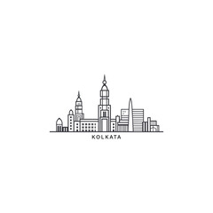 Fototapeta premium Kolkata cityscape skyline city panorama vector flat modern logo icon. India, West Bengal state emblem idea with landmarks and building silhouettes. Isolated thin line graphic