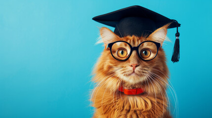 Fluffy funny cat wearing a graduate regalia black hat on blue background with copy space
