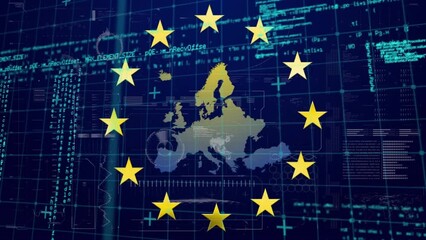 Animation of spinning stars on eu map against interface with data processing on blue background - Powered by Adobe