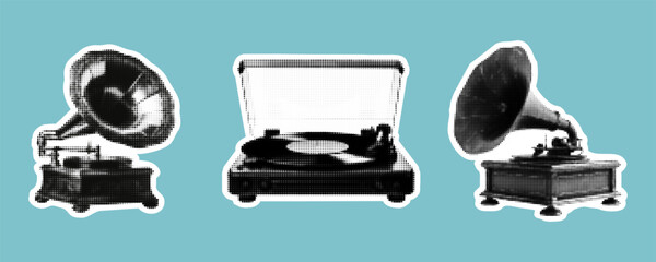 Vintage gramophone silhouette set, halftone dot design, teal background, retro music concept for vinyl records enthusiasts, antique audio equipment collection.