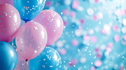 Schilderijen op glas Pink and blue balloons and confetti background with copy space for festive gender reveal party or baby shower backdrop © Keitma