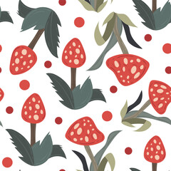 Seamless pattern design fly agaric red with cute mushroom. Childish print for wrapping paper, party invitation and background