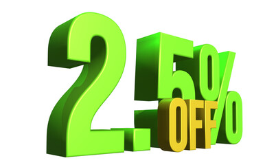 Green yellow 3d render label. 2.5% discount label on isolated transparent background, ready for promotion or advertising.