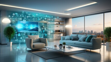 Modern Smart living room Ecosystem interior with technology maintaining connections