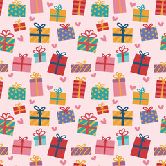 シームレス背景素材：
手描きのギフトボックスとハートが並ぶベクターイラスト