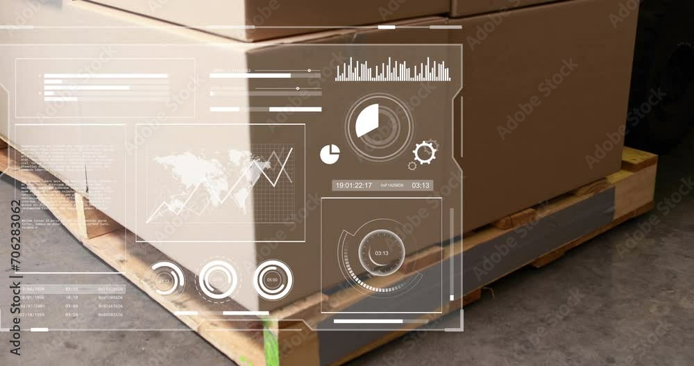 Poster animation of interface with data processing against delivery boxes on wooden pallet at warehouse