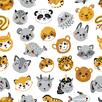 Cute Animal Heads Seamless Pattern. Cartoon Funny Baby Animals Faces. Childish Background. Vector Illustration