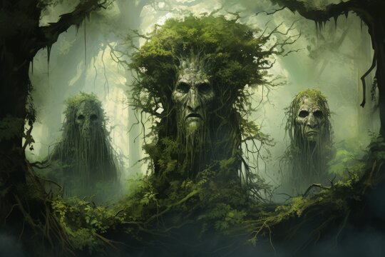 Ancient forest guardians, towering tree ents with deep-rooted wisdom - Generative AI