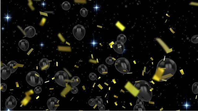 Animation of golden confetti falling and balloons floating against shining stars on black background